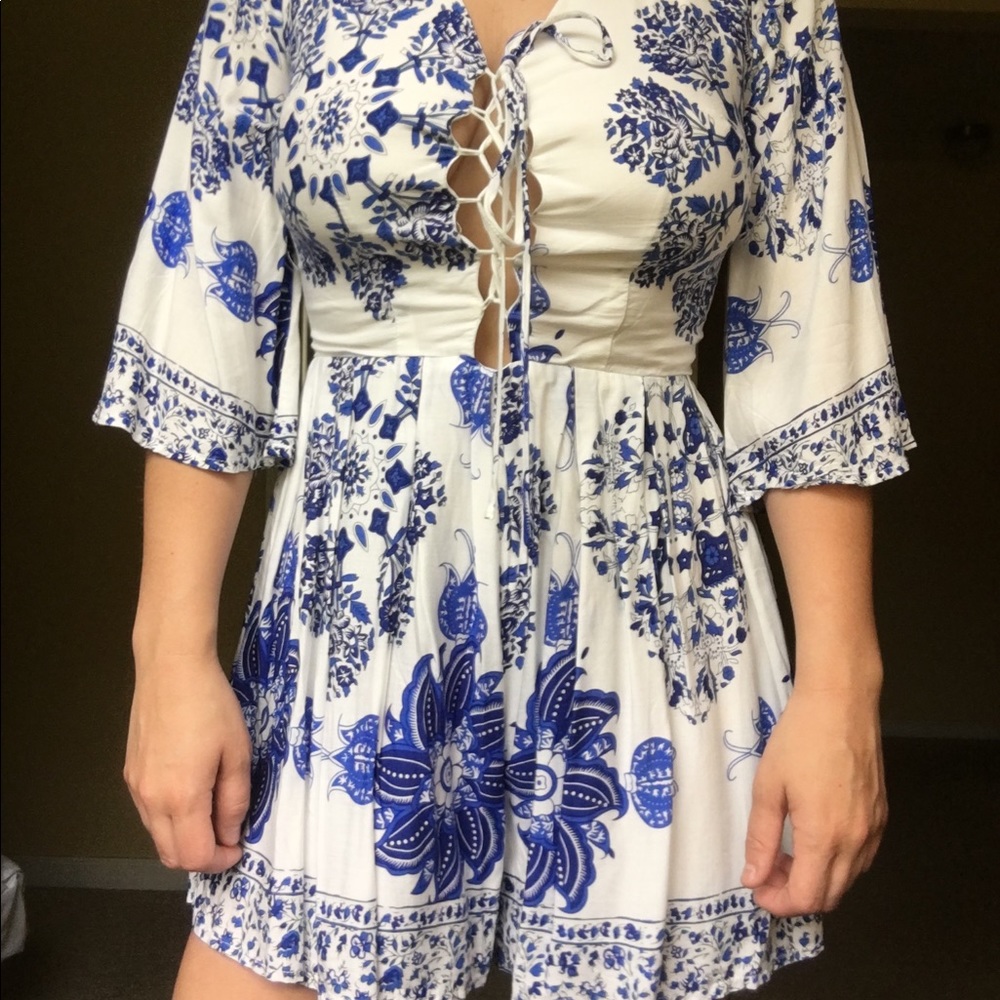 Blue and White Floral Romper